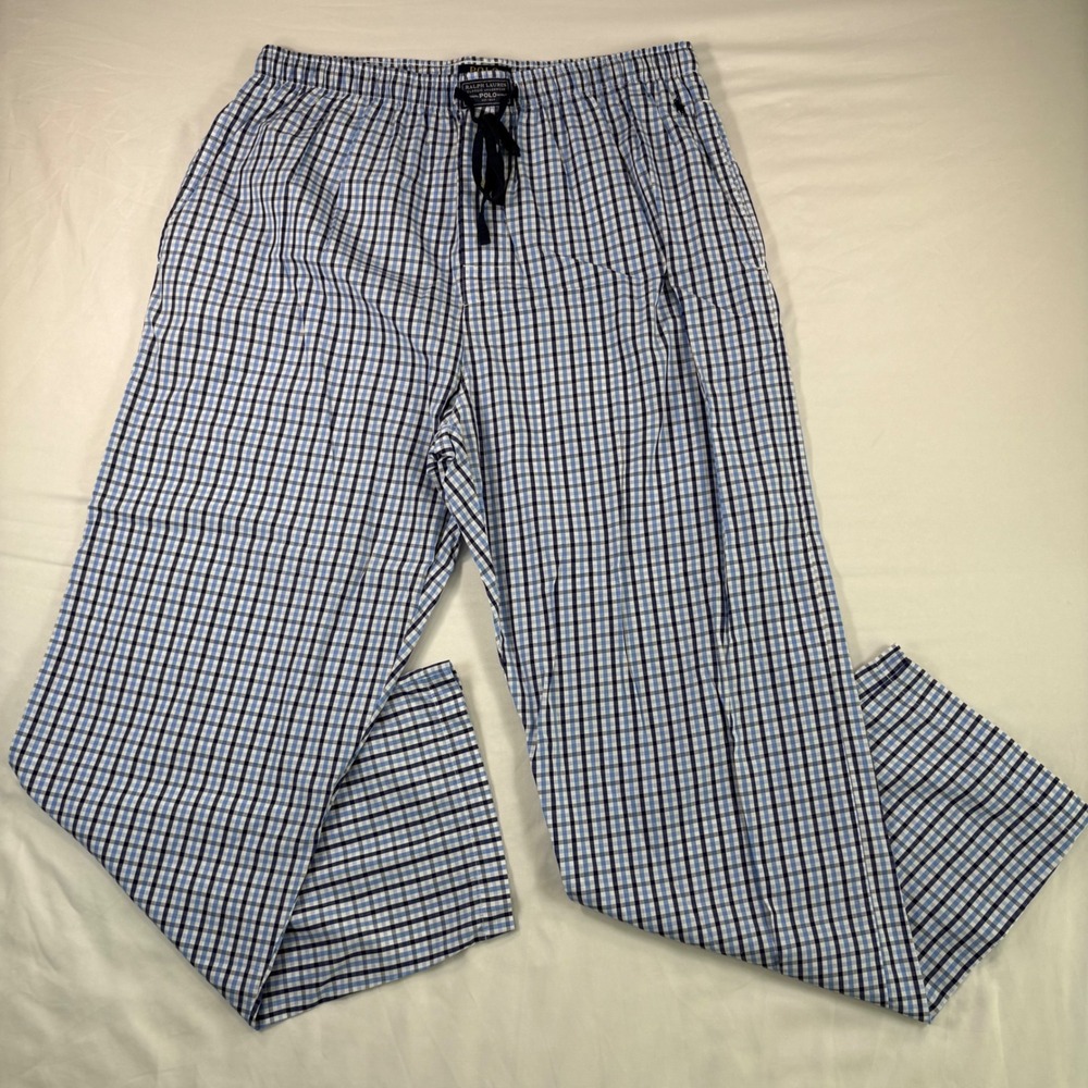 Polo Ralph Lauren Pajama Pants Mens Large Blue White Gingham Plaid Cotton Sleep